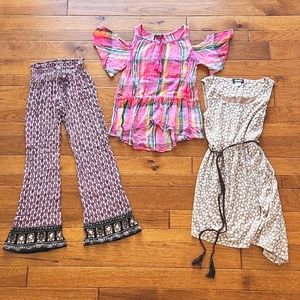 Boho bundle lot 3 items. Pants, neutral dress with tassel tie, plaid madras top